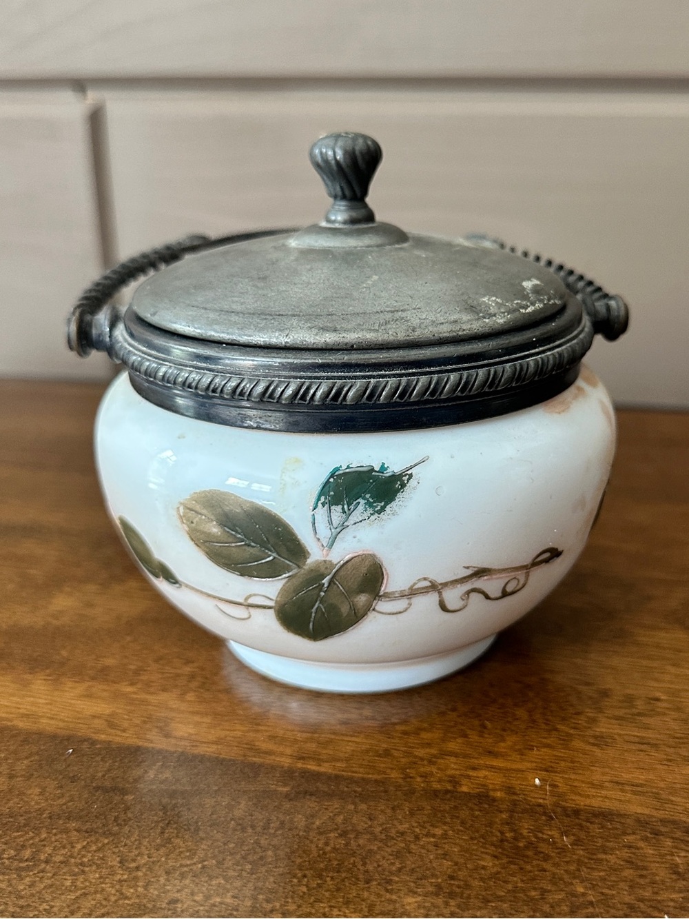 Porcelain Decorative Jar with Metal Lid and Ornate Handle